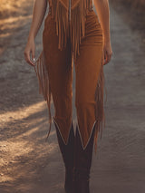 【24-hour shipping out】Western Fringed Brown Suede Vest Zip-Up Jumpsuit