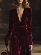 【24-hour shipping out】V-Neck Retro Solid Color Velvet Long-Sleeved Midi Dress