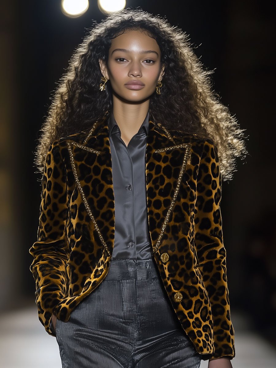 【24-hour shipping out】Casual Fashion Velvet Leopard Print Lapel Gold Edge Blazer