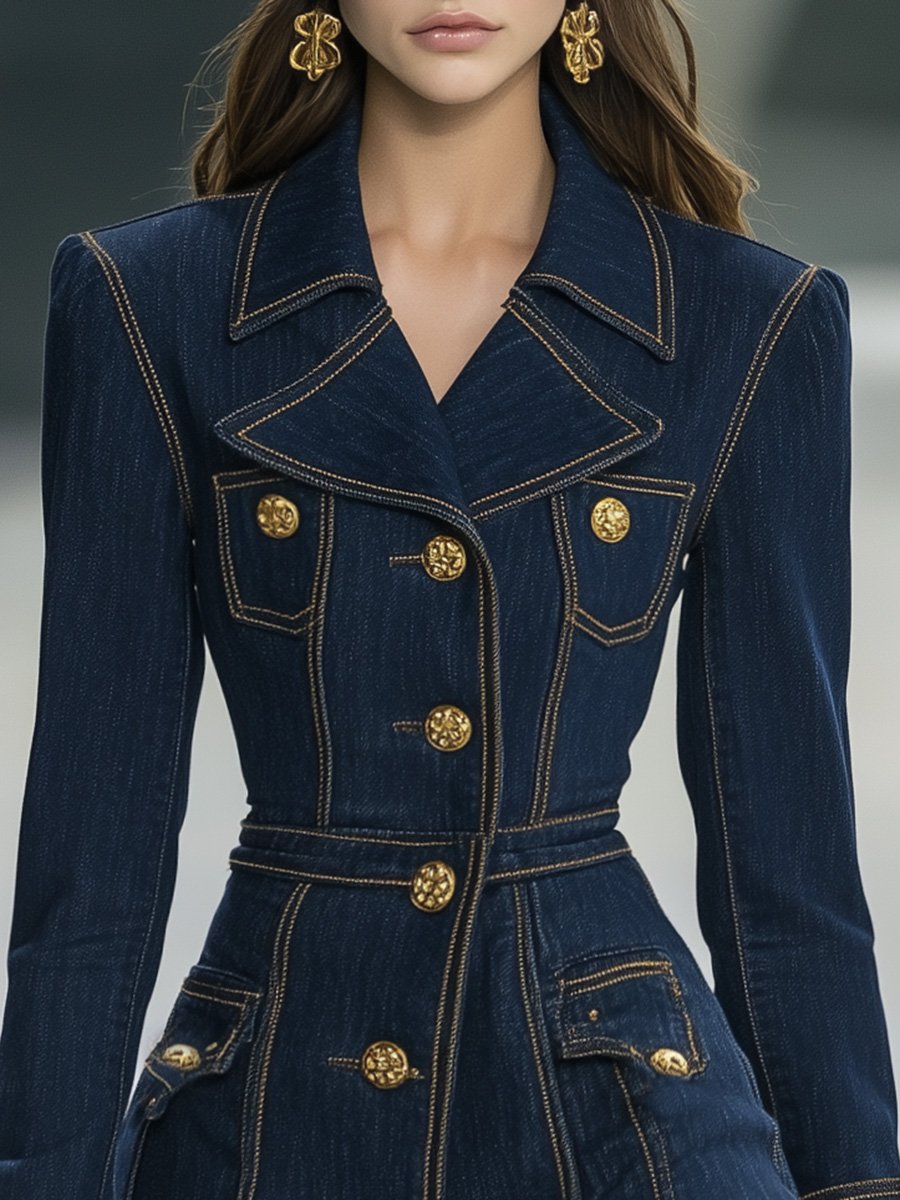 【24-hour shipping out】Classic and Playful Large Lapel Ruffled Hem Waist Denim Mini Dress