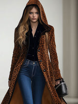 【24-hour shipping out】Casual Loose Vintage Velvet Leopard Print Black Trim Hooded Long Coat
