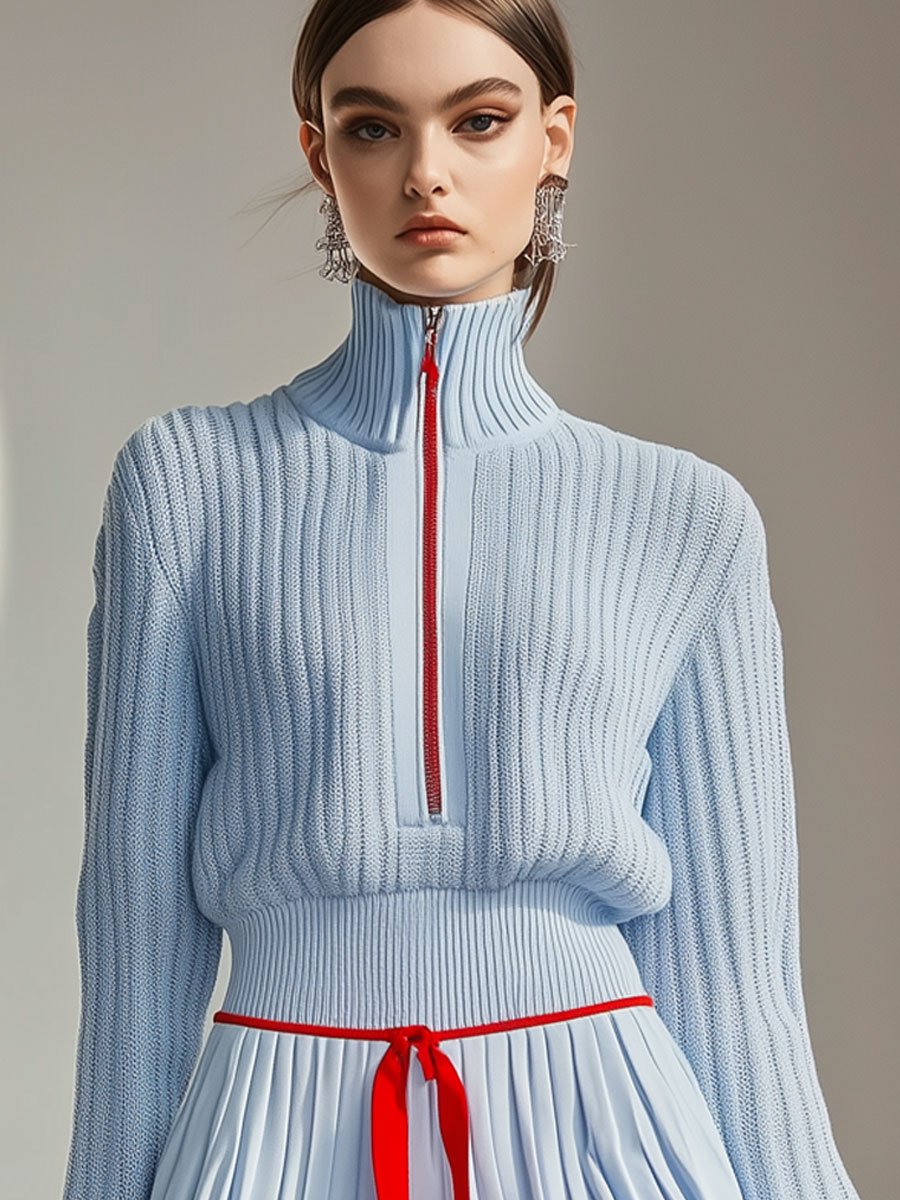 【24-hour shipping out】Casual Fashion Stand Collar Zipper Knitted Sweater Culotte Sports Set