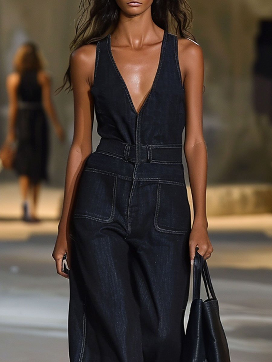 【24-hour shipping out】V-Neck Retro Casual Loose Sleeveless Wide-Leg Denim Jumpsuit