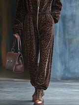 【24-hour shipping out】Casual Loose Vintage Velvet Leopard Print Elastic Waist Zipper Hooded Jumpsuit