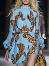 Elegant Personality Leopard Print Sky Blue Chiffon Mini Dress