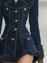 【24-hour shipping out】Classic and Playful Large Lapel Ruffled Hem Waist Denim Mini Dress