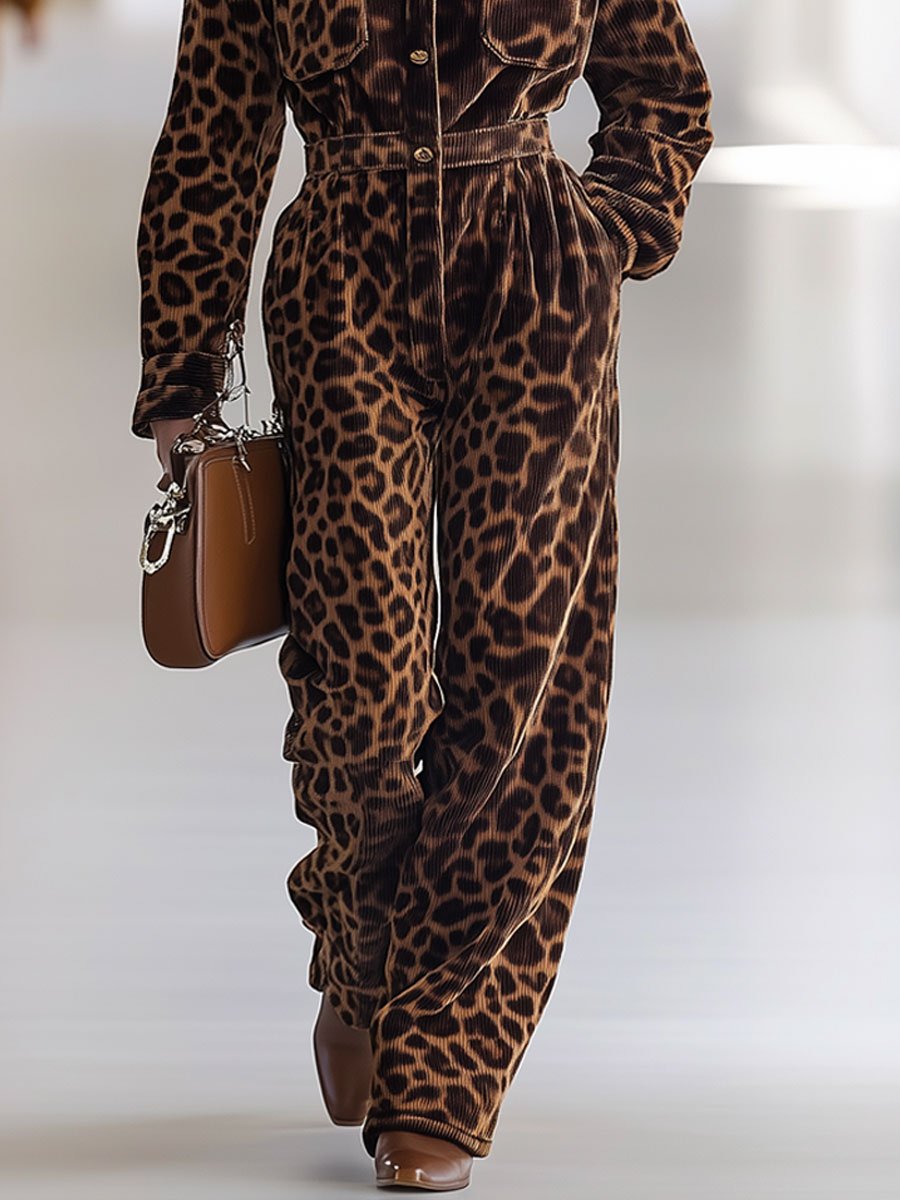 【24-hour shipping out】Casual Loose Retro Corduroy Leopard Print Multi-Pocket Long Sleeve Jumpsuit