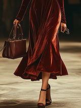 【24-hour shipping out】Fashion Party Off-shoulder Solid Color Velvet Long Sleeve Midi Dress