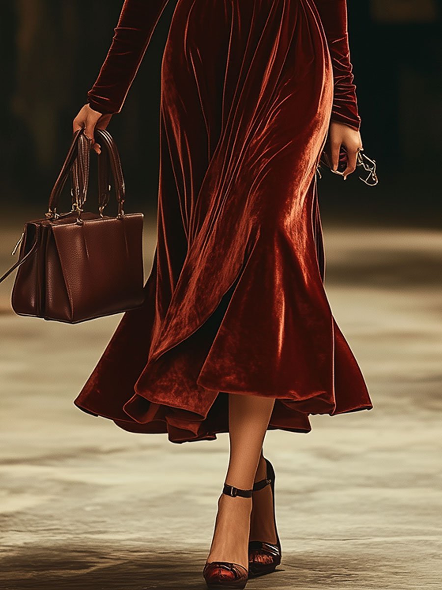【24-hour shipping out】Fashion Party Off-shoulder Solid Color Velvet Long Sleeve Midi Dress