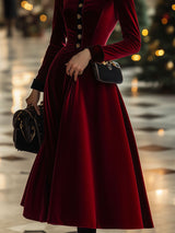 Fashion Retro Ankola Red Velvet Single-Breasted Long-Sleeved Midi Dress