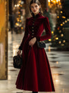 Fashion Retro Ankola Red Velvet Single-Breasted Long-Sleeved Midi Dress