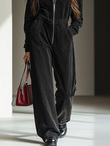 【24-hour shipping out】Casual Loose Vintage Denim Elastic Waist Zipper Hooded Jumpsuit