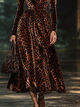 【24-hour shipping out】Lapel Fashion Party Leopard Print Velvet Long Sleeve Midi Dress