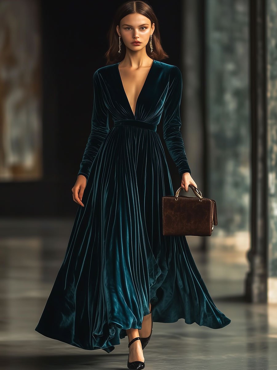【24-hour shipping out】V-Neck Fashion Party Solid Color Velvet Long-Sleeved Maxi Dress