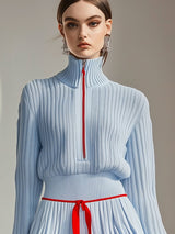 【24-hour shipping out】Casual Fashion Stand Collar Zipper Knitted Sweater Culotte Sports Set