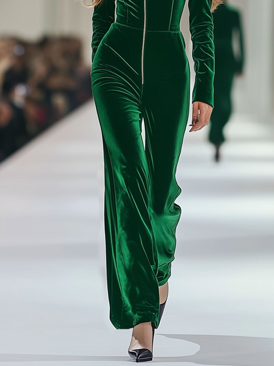【24-hour shipping out】Casual Loose Retro Long Sleeve Green Velvet Zipper Jumpsuit