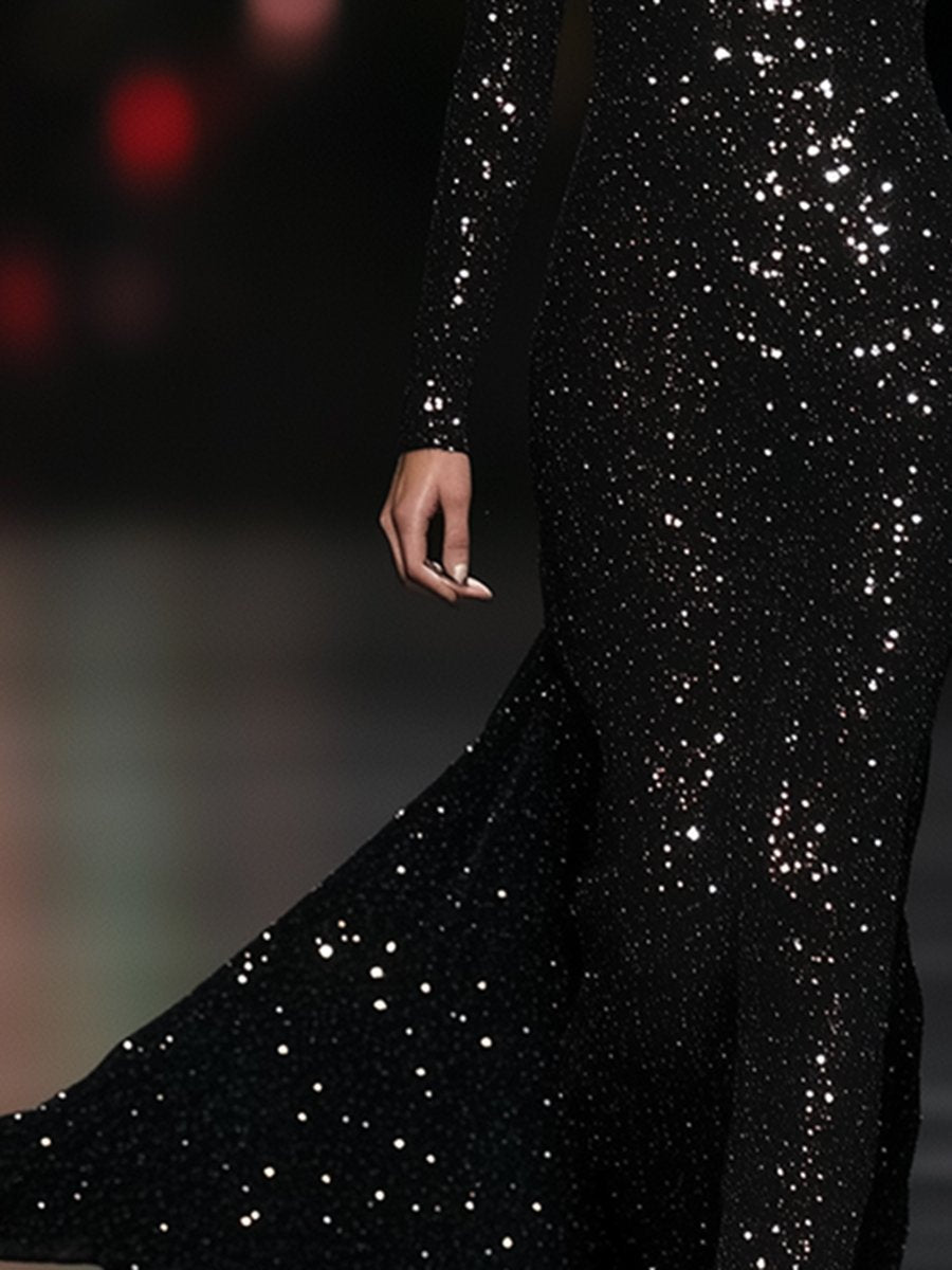 【24-hour shipping out】High-End Luxury Temperament Slim Heavy Sequined Maxi Dress