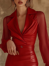 【24-hour shipping out】Bright and Moving transparent Mesh Sleeves Red Leather Slim Mini Dress