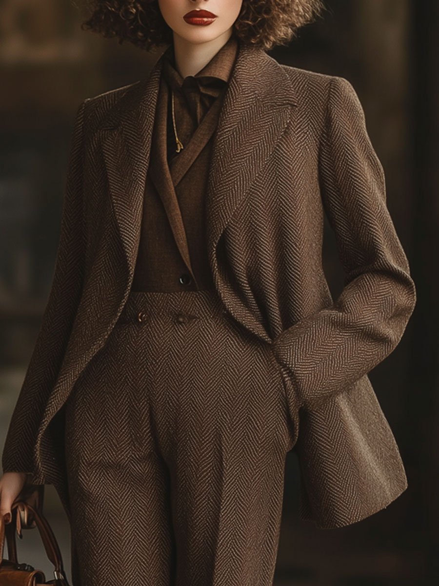 【24-hour shipping out】Casual Loose Simple Herringbone Wool Pocket Blazer