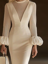 【24-hour shipping out】Elegant Classic Splicing Mesh Puff Sleeve Midi Dress