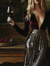 【24-hour shipping out】V-Neck Stylish Elegant Solid Color Velvet Sequined Long Maxi Dress