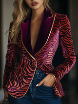 Casual Loose Vintage Velvet Zebra Pattern Gold Wire Striped Lapel Pocket Blazer