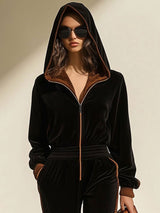 【24-hour shipping out】Casual Loose Retro Velvet Colorblock Zipper Hooded Jumpsuit