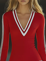 【24-hour shipping out】Fashionable Sports White Striped Red V-neck Long Sleeve Mini Dress