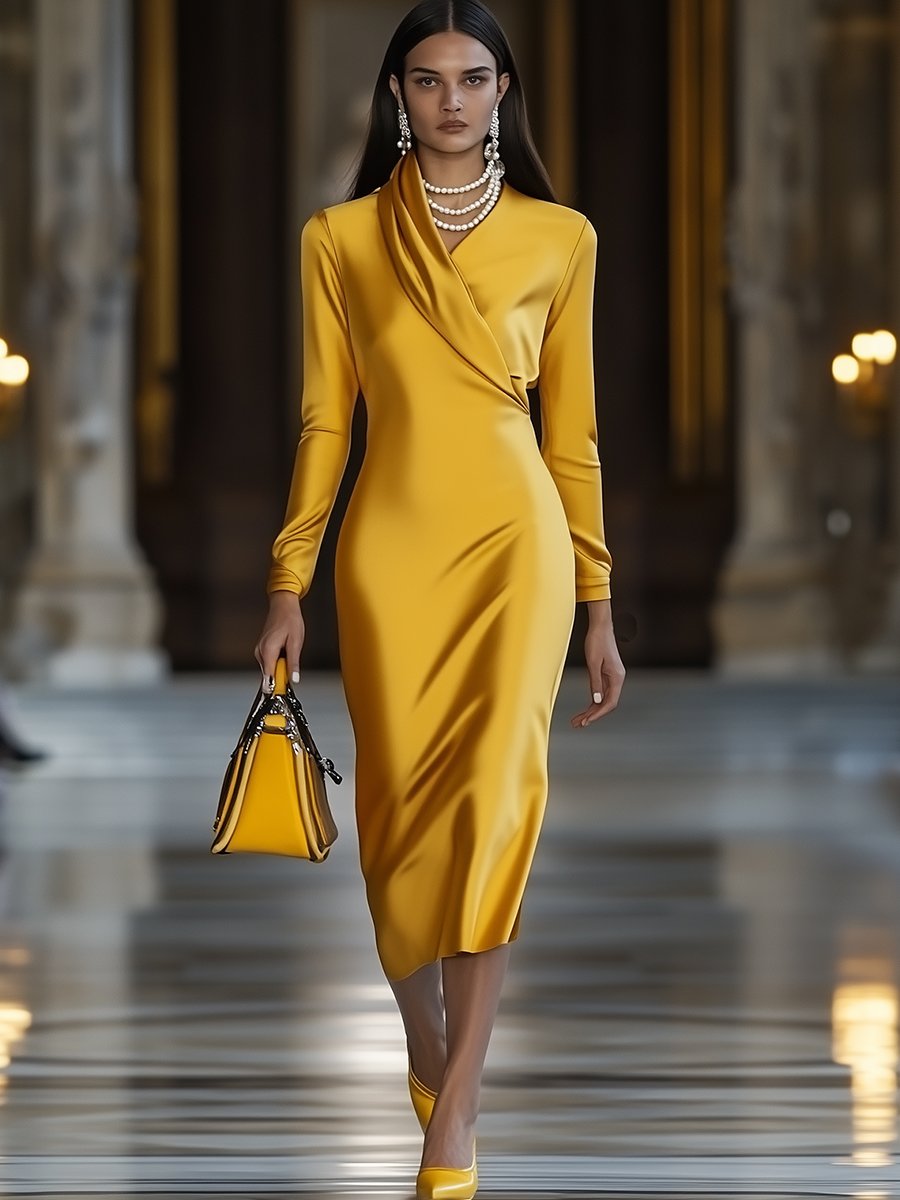 【24-hour shipping out】Fashion Vintage Gold Satin Long Sleeve Midi Dress