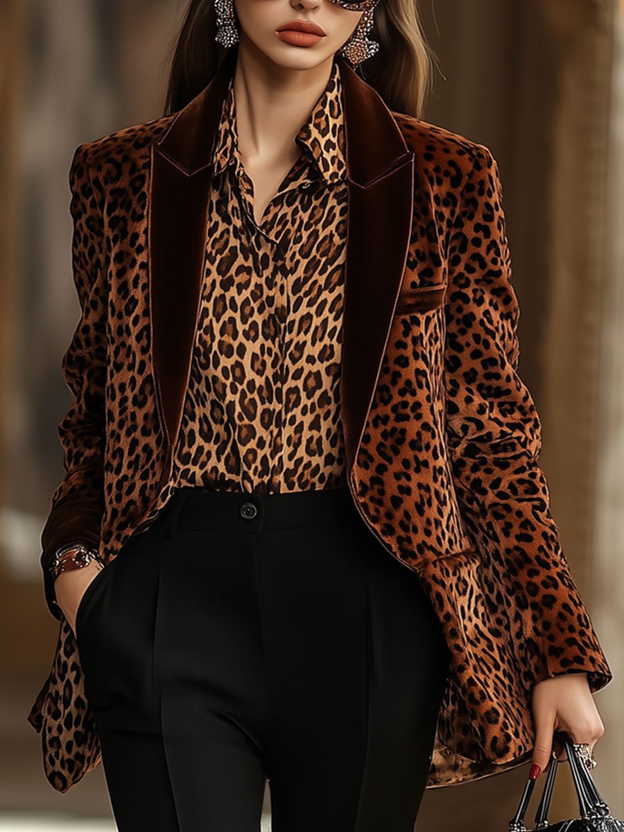 【24-hour shipping out】Casual Loose Retro Velvet Leopard Print Lapel Blazer