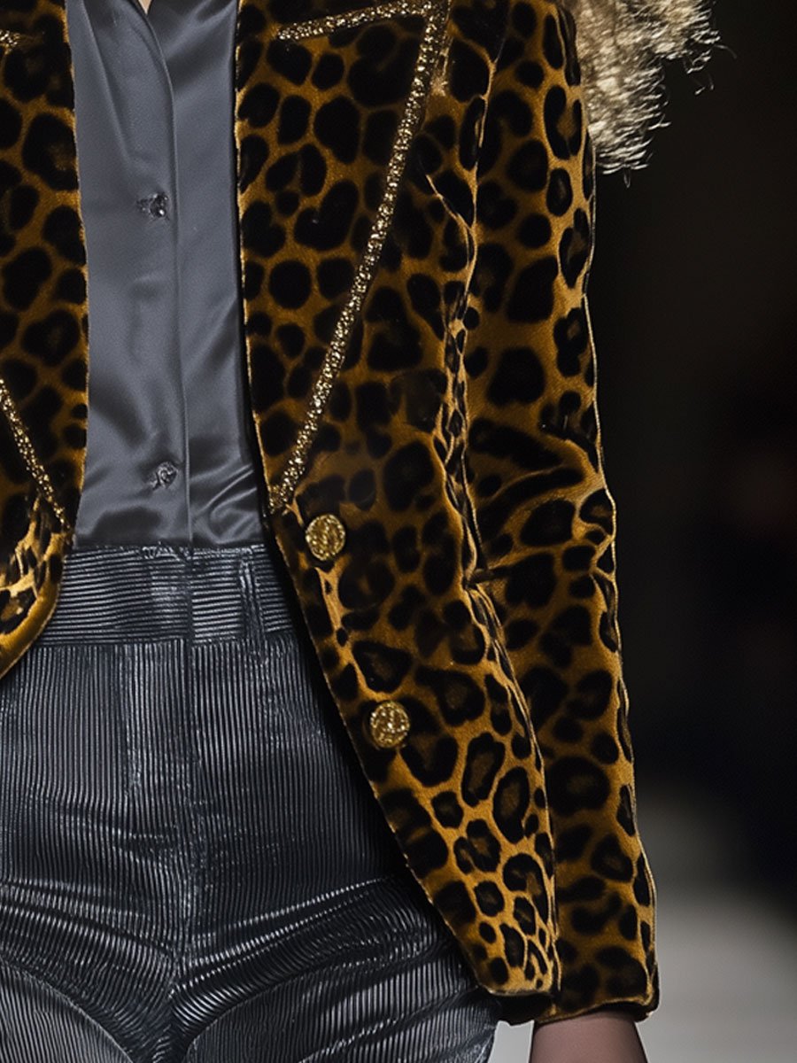 【24-hour shipping out】Casual Fashion Velvet Leopard Print Lapel Gold Edge Blazer