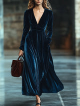 【24-hour shipping out】V-Neck Retro Solid Color Velvet Pocket Long Sleeve Maxi Dress