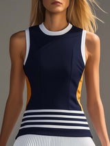 【24-hour shipping out】Fashionable and Energetic Vest-style Navy Blue and White Contrast Mini Dress