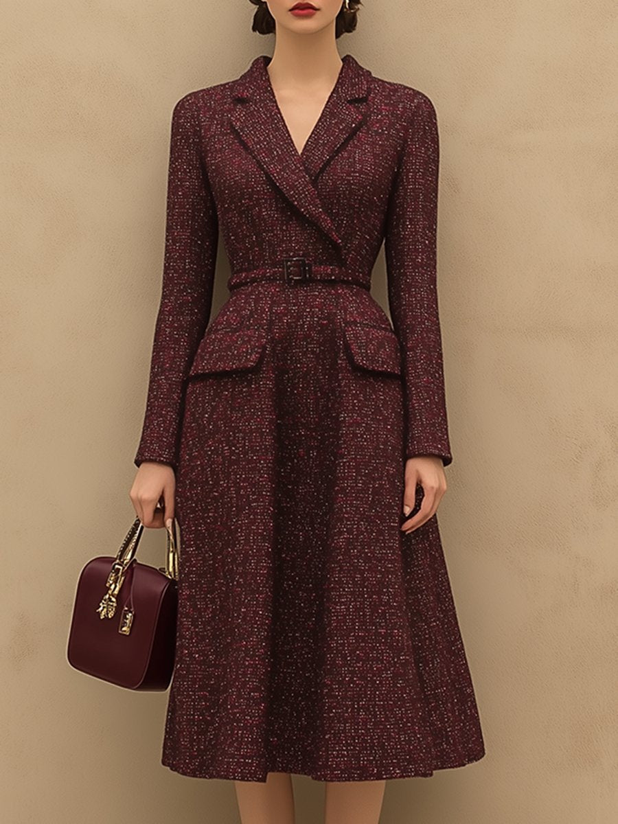 【24-hour shipping out】Vintage Elegant Ankola Red Tweed Lapel Dress
