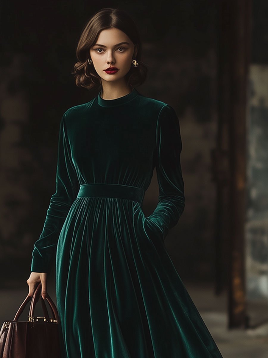 【24-hour shipping out】Stand Collar Loose Party Pocket Solid Velvet Long Sleeve Maxi Dress