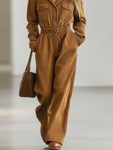 【24-hour shipping out】Casual Loose Retro Corduroy Multi-Pocket Long Sleeve Jumpsuit