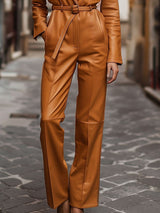 【24-hour shipping out】Casual Loose Pocket Vintage Leather Long Sleeve Jumpsuit