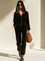 【24-hour shipping out】Casual Loose Retro Velvet Colorblock Zipper Hooded Jumpsuit