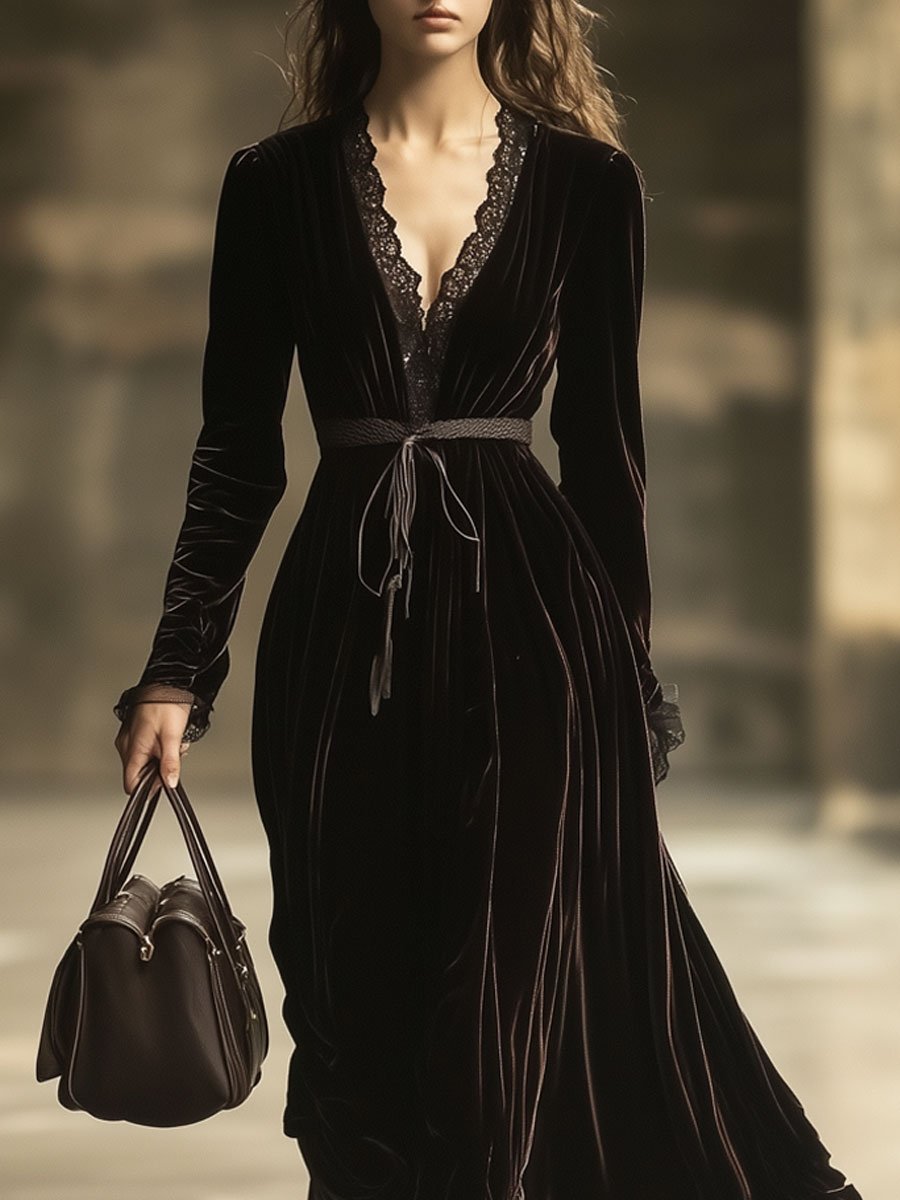 V-Neck Lace Panel Solid Velvet Long-Sleeved Maxi Dress