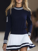 【24-hour shipping out】Fashionable Sports Style Round Neck Navy Blue and White Contrast Mini Dress