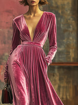 【24-hour shipping out】V-Neck Loose Simple Solid Color Velvet Pocket Long Sleeve Maxi Dress