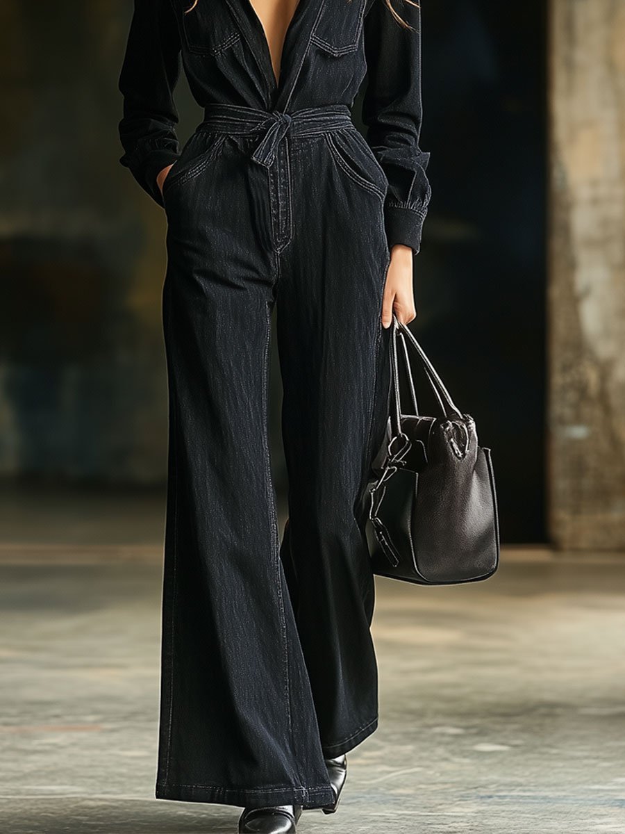 【24-hour shipping out】Casual Multi-Pocket Belted Long Sleeve Black Flared Denim Jumpsuit