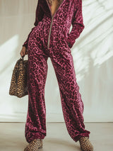 Casual Loose Retro Pink Velvet Leopard Print Elastic Waist Zipper Hooded Jumpsuit