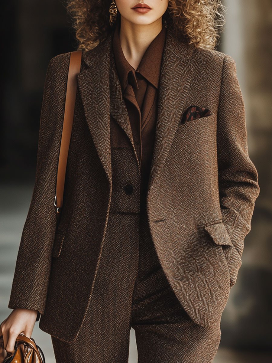 【24-hour shipping out】Casual Loose Simple Herringbone Wool Pocket Blazer