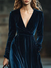 【24-hour shipping out】V-Neck Retro Solid Color Velvet Pocket Long Sleeve Maxi Dress