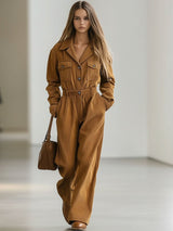 【24-hour shipping out】Casual Loose Retro Corduroy Multi-Pocket Long Sleeve Jumpsuit