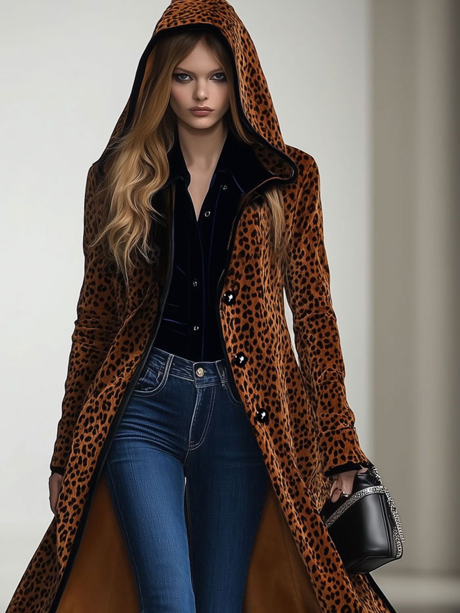 【24-hour shipping out】Casual Loose Vintage Velvet Leopard Print Black Trim Hooded Long Coat