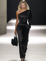 【24-hour shipping out】Elegant Off-the-shoulder Satin Long-sleeved Jumpsuit