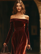 【24-hour shipping out】Fashion Party Off-shoulder Solid Color Velvet Long Sleeve Midi Dress