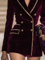 【24-hour shipping out】Casual Vintage Burgundy Velvet Gold Trim Double Breasted Suit Mini Dress